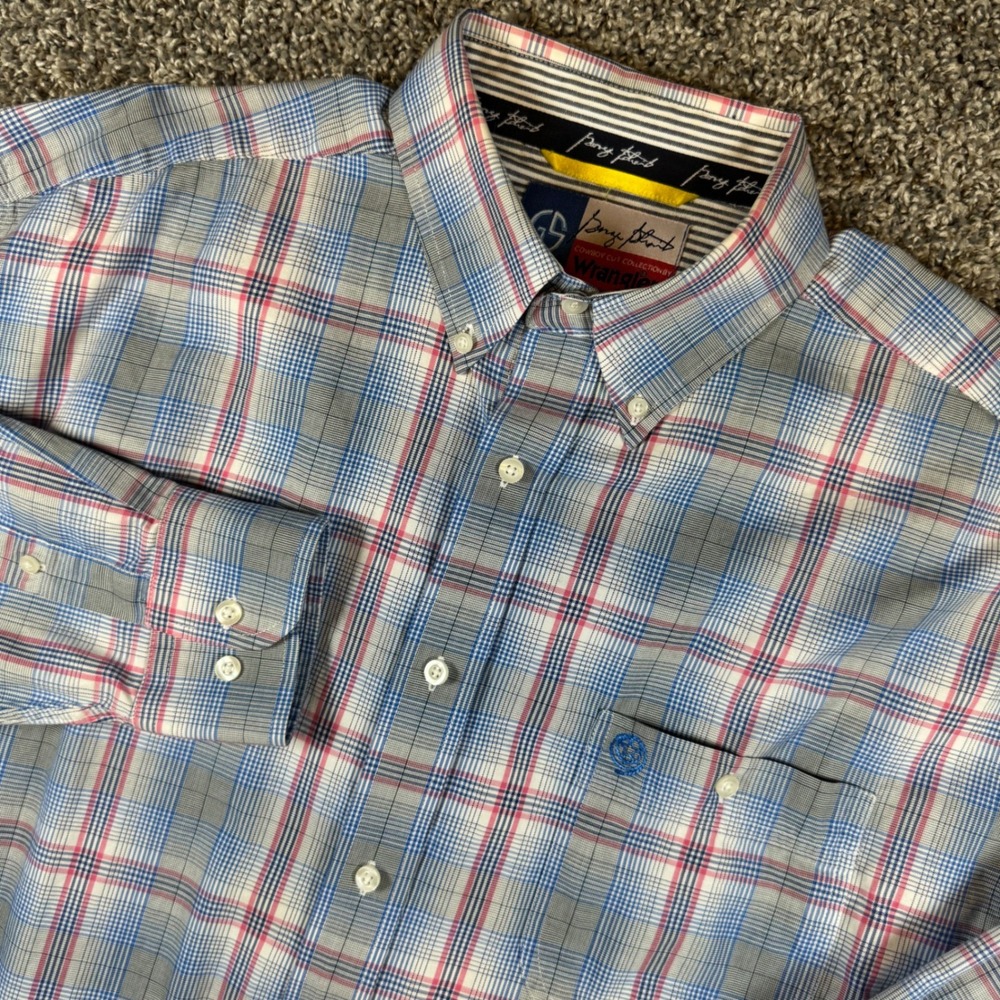 Wrangler George Strait Mens XXL Blue Pink Plaid Cowboy Cut Button Down Shirt